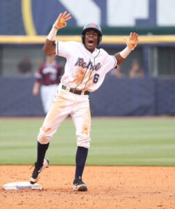 Errol Robinson celebrates on second base in the SEC Baseball Tournament. Photo courtesy Errol Robinson.