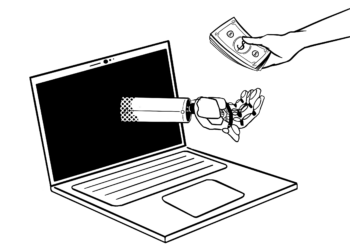 This image shows someone handing a robotic arm money, symbolizing us as humans putting money into artificial intelligence research