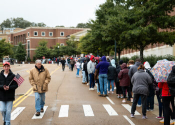 Students line up early outside the pavilion for TPUSA event at University of Mississippi
