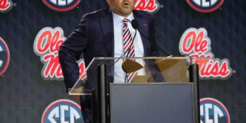 Golding addresses the press at SEC Media Days